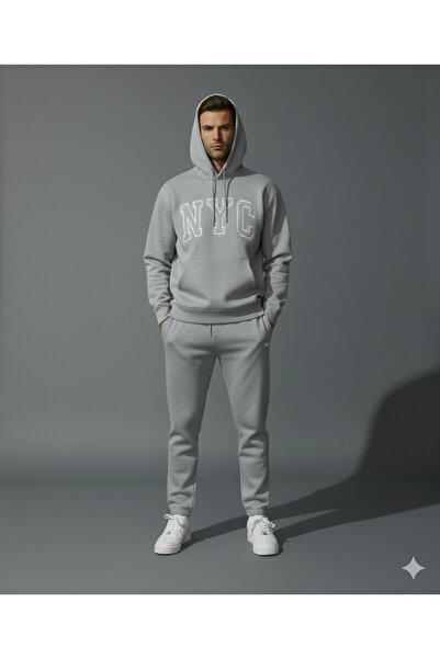 ALİ.COM Three Thread Hooded Inside Cotton Nyc B Printed O Oversized Tracksuit Set
