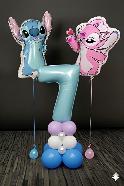 PARTİAVM 7 Year Old Lilo and Stitch Birthday Concept Blue Number Balloon Column Flying Balloon Set of 2 Stitch and Lilo