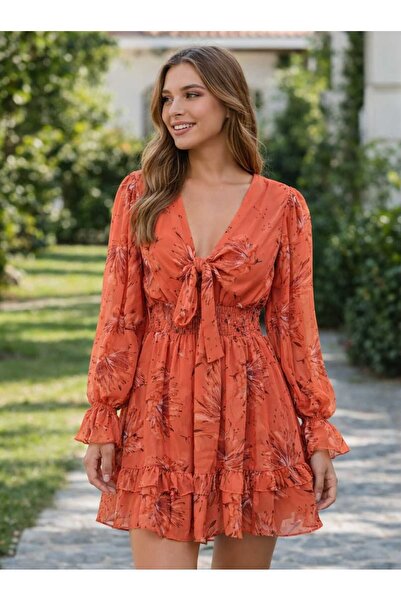 EAD HOUSE BUTİK Önden Bağlamalı Turuncu Şifon Kadın Elbise