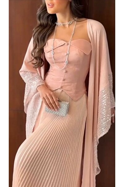 Masha Mashaeil ~ فستان سهره جميل ورائع اللون لحمي قامق الخامة جورجت لماع مع بشت ترتر اضافة تنوره بليسيا