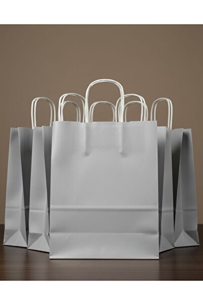 e Erta Gümüş Renkli Kraft Çanta 25x31 Cm 10 Adet Hediye Poşeti , Hediye Paket...