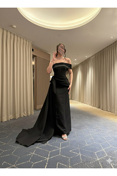 elin Black corset evening dress with embroidered side sash and hand-beaded details