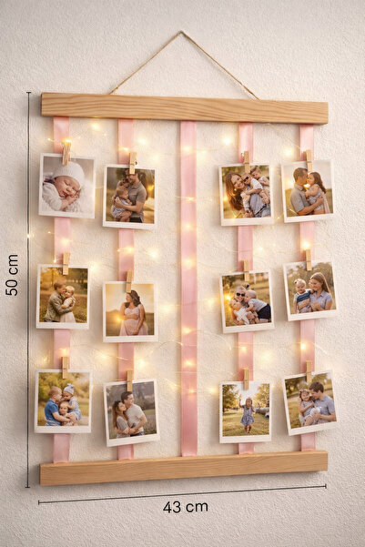 Efem Dekor Ahşap Fotoğraf Mandallı LED Işıklı Dekoratif Duvar Panosu 43x50 cm
