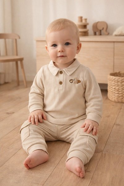 Minelia Kids Baby 2-Piece Set 100% Cotton – Polo Neck Long Sleeve Top with Squirrel Embroidery and Pocketed Pants (6-24 Months)