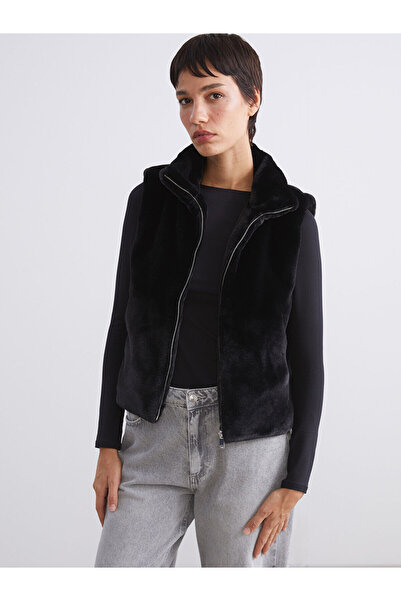 LC Waikiki Black Mock Neck Women's Fur Vest