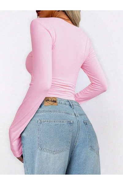 WESTİMO Women's Long Sleeve Low Neckline Combed Cotton Bodysuit