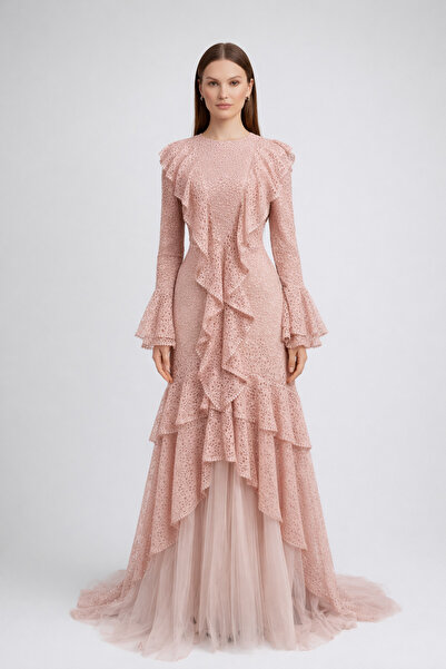 MİLLA Dantel Detaylı Uzun Abiye Elbise – Pudra