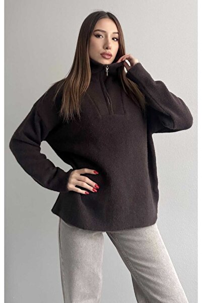 yeditepe fashion سترة تريكو ناعمة الملمس بياقة كاميونير وسحاب