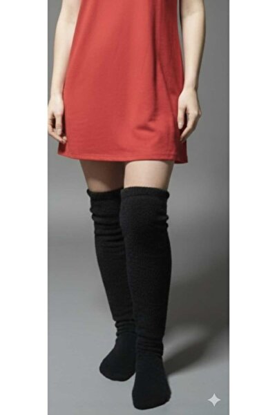 SUERTO Wellsoft Peluş Diz Üstü Ev Çorabı Uzun Çorap Patik Kışlık Unisex SİYAH