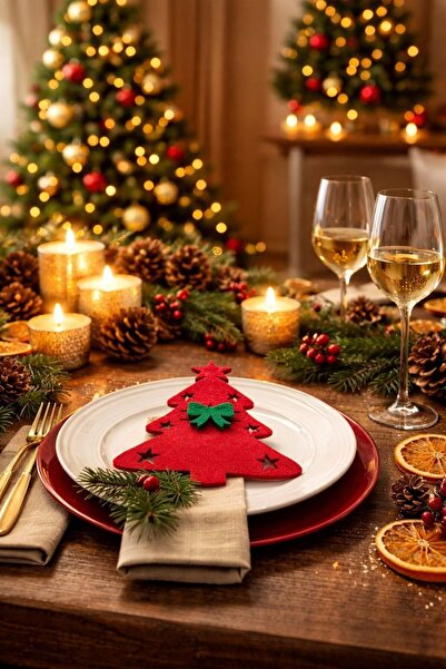 Denseden Yılbaşı Çam Ağacı Peçetelik Çatal Kaşıklık 6 Kişilik Sofra Dekoru