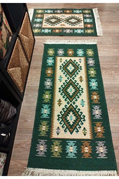 OEM 1+1 Traditional Woven Rugs, Jute, Reversible, Size 60 x 130 cm + 60 x 90 cm, Green and Cream, Diamon