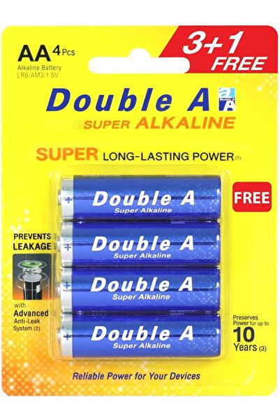 DOUBLE A عبوة بطاريات قلوية AA طويلة الأمد، 3 بطاريات + بطارية إضافية مجانية