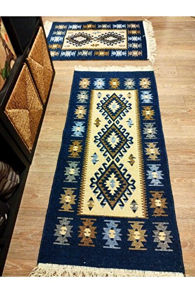 OEM 1+1 Traditional Woven Rugs, Jute, Double-Sided, Size 60 x 130 cm + 60 x 90 cm, Blue and Cream, Diamo