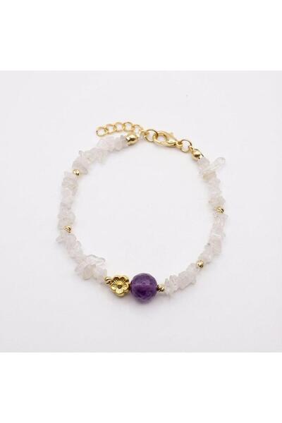 Taş Sandığı Ay Taşı Kırık Taş Bileklik - Ametist Taşlı - Altın Renkli