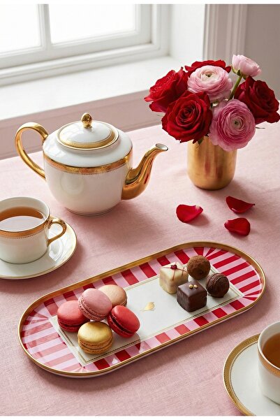 Yavuzhan Metal Gold Çerçeveli Pembe Desenli Dekorarif Oval Tepsi (13x30)