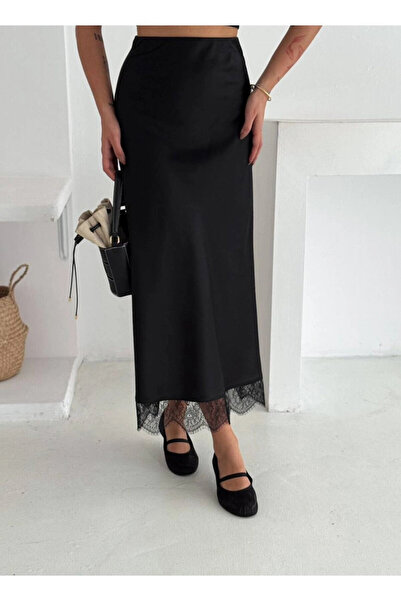 Cool & Sexy Lace Detail Satin Long Skirt