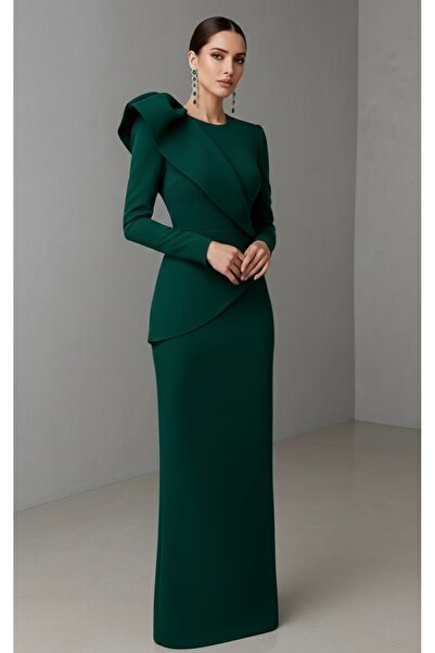 Sultan Ekşioğlu Korse etlili likralı zümrüt rengi abiye gece elbisesi