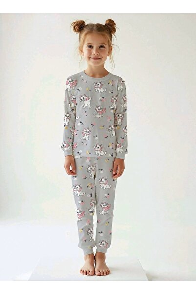 maykids Girl's Cat Patterned 100% Cotton Pajama Set