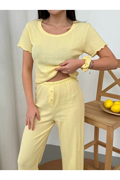 Pijahane طقم بيجامة نسائية صفراء مصنوعة من القطن بنسبة 100% بأكمام قصيرة وقما...