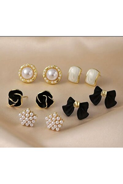 MURASSA BUTİK Vintage Üç Boyutlu Kamelya, Fiyonk ve İnci 5'li Küpe Seti