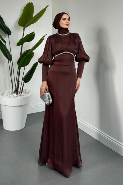 MERVEN AKYÜZ Ombrella Balon Kol Jan Jan Kumaş Abiye Gül Kurusu