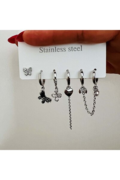 ACAR TAKI 6-Piece Butterfly, Pearl Steel Set Earrings-Silver Color Acr7675