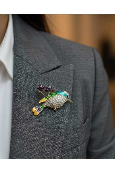 Jewerly Çok Renkli Mineli Sinek Kuşu Figürlü Kristal Taşlı Lüks Broş
