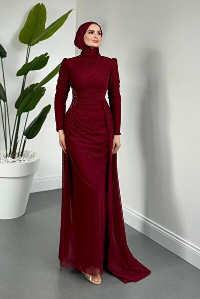 MERVEN AKYÜZ Perlina Yandan İncili Abiye Bordo