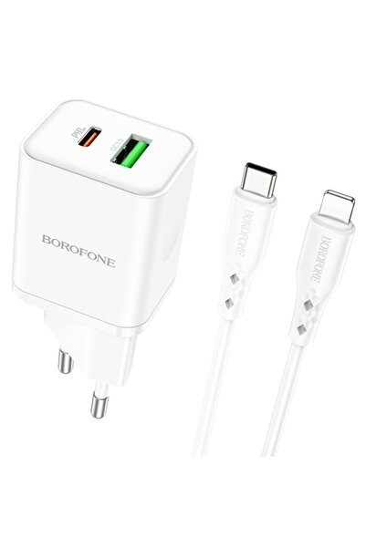 Borofone BN7 Power Adapter with Lightning Cable, 20W, 3A, 1 x USB-A - 1 x USB-C, White