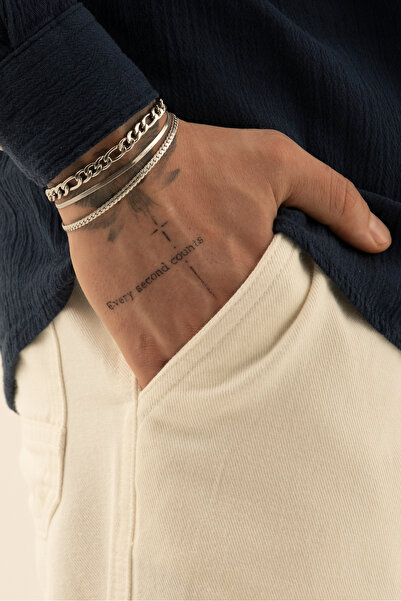 Fjellor Drannos Erkek Gümüş Renk Paslanmaz Çelik 2’li Bileklik Seti – Figaro,...