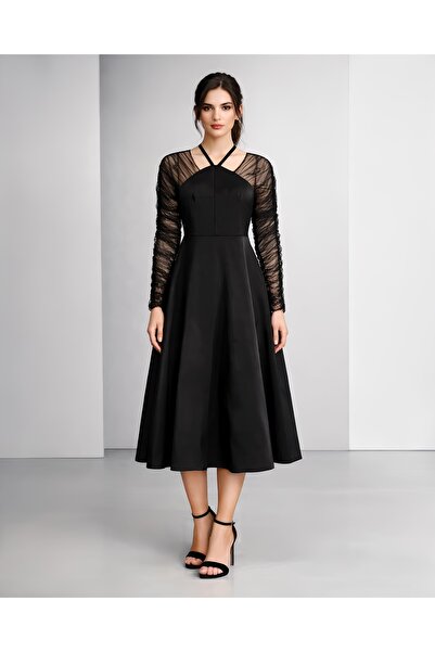 MsfashionX فستان ميدي أسود أنيق بأكمام من التول الشفاف