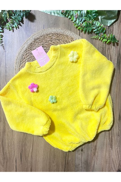 Babyelisco Sarı welsoft yumoş Örgü çiçek detaylı çocuk sweatshirt