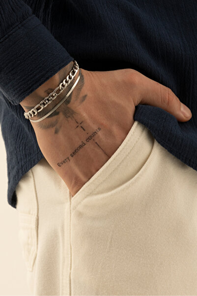 Fjellor طقم أساور رجالي من الفولاذ المقاوم للصدأ باللون الفضي من إلفاروس - مو...