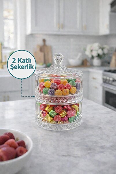 decovien 2 Katlı Şeffaf Cam Kapaklı Şekerlik Şık Sunumluk Dekoratif Saklama Kabı