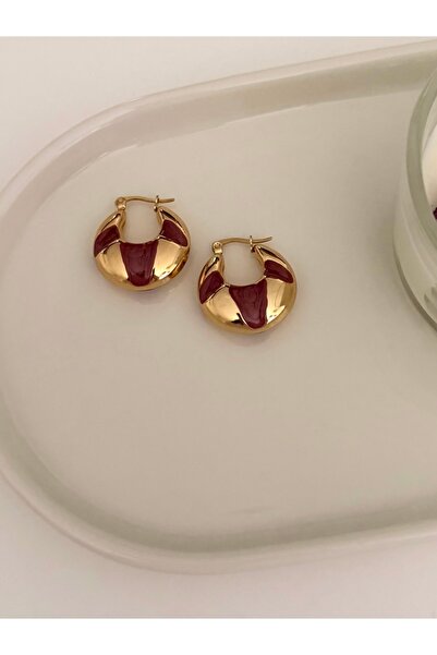 FIERA JEWELRY أقراط نسائية من الفولاذ الذهبي بتفاصيل بوردو