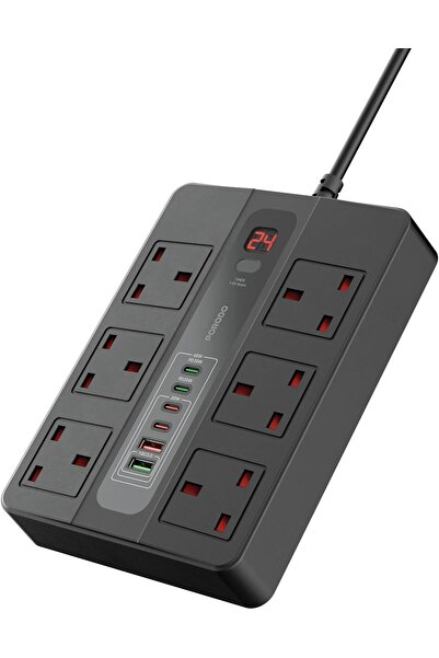 porodo 6 AC 2 USB-A 24W & 4 USB-C PD 36W Multi-Port Super Hub 3M 3000W UK - Black