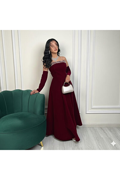 elin فستان سهرة مخمل عنابي