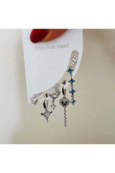 ACAR TAKI 6-Piece Moon Star, Heart, Blue Mineral Star Dangle Steel Set Earrings-Silver Acr7676