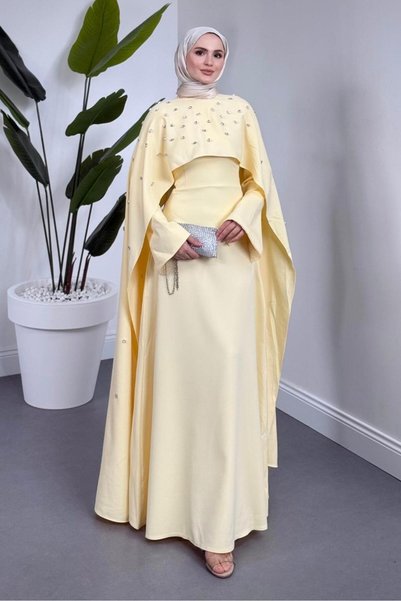 MERVEN AKYÜZ Serenya Pelerini Taşlı Abiye Butter Yellow