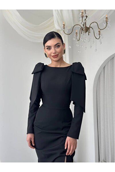 kendii modamm Siyah Uzun Kollu Yırtmaçlı Maxi Elbise – Şık Davet & Abiye Modeli, Omuz Bağcıklı Detaylı