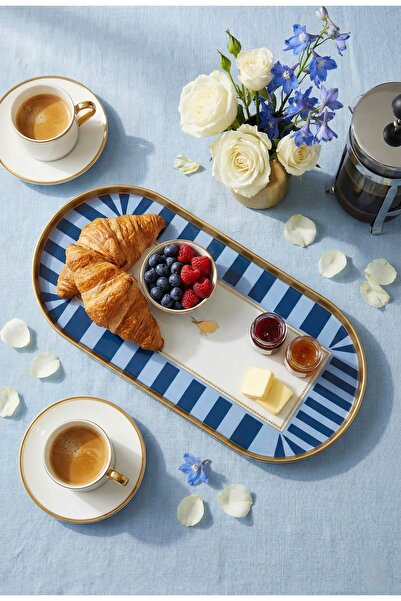 Yavuzhan Metal Gold Çerçeveli Mavi Desenli Dekorarif Oval Tepsi (13x30)