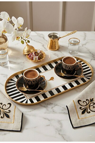 Yavuzhan Metal Gold Çerçeveli Siyah Desenli Dekoratif Oval Tepsi (13x30)