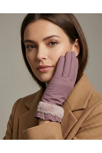 Şirin Giyim Aksesuar Kürklü Üst Kısmı Su Geçirmez Eldiven - Şık Kadın Tüylü P...