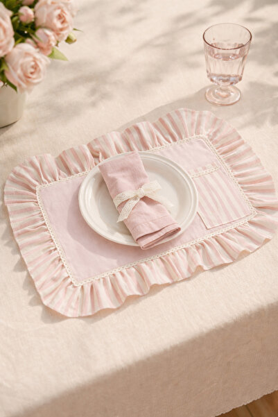Mirilliahome American Tablecloth with 2 Pockets, Raw Linen, Pink Stripes, Ruffle Detail, 40X35 cm