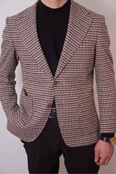 SOLİMAN Erkek bej Kazayağı Desenli Esneyen Kumaş Mono Yaka Blazer Ceket