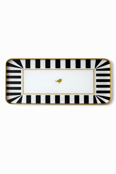 Yavuzhan Metal Gold Framed Black Patterned Decorative Rectangular Tray (13X30 cm)