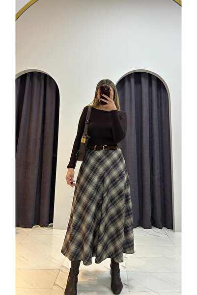 MERVENS Kemer Aksesuarlı Ekose Etek