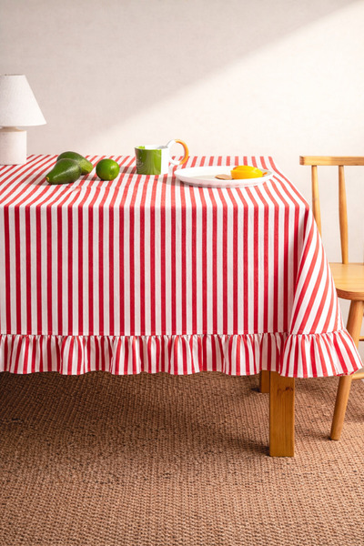 Mirilliahome Striped Ruffled Tablecloth Cotton Linen Multi-Size for Kitchen Living Room Balcony