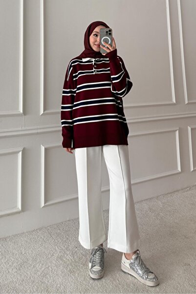 Rimel Moda Polo Yaka Çizgili Tunik Bordo