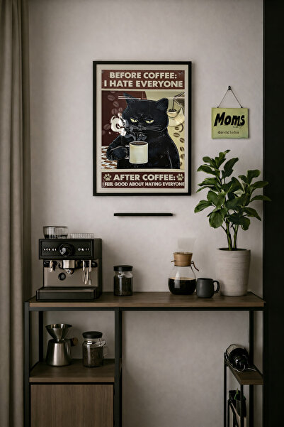 Koi Art Design Siyah Çerçeveli Tek Parça Modern Kahve Köşesi Temalı Yüksek Ka...